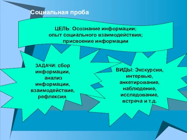 ВИДЫ: Экскурсия, интервью, анкетирование, наблюдение, исследование, встреча и т.д. ЗАДАЧИ: сбор информации,