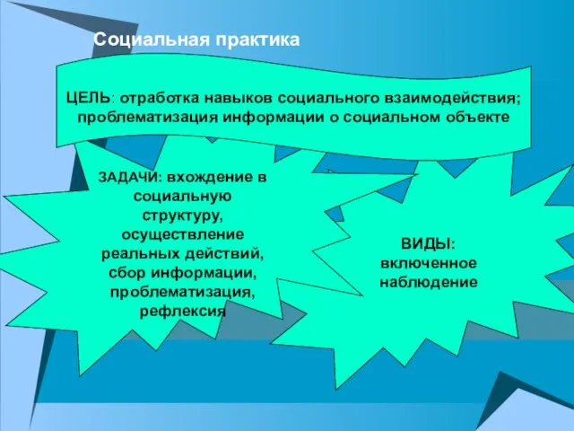 ВИДЫ: включенное наблюдение ЗАДАЧИ: вхождение в социальную структуру, осуществление реальных действий, сбор