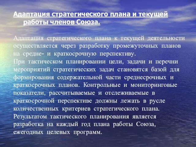 Адаптация стратегического плана и текущей работы членов Союза. Адаптация стратегического плана к