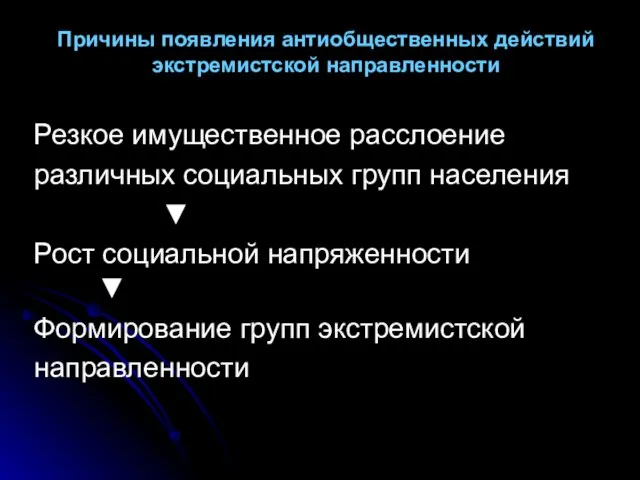 Причины появления антиобщественных действий экстремистской направленности Резкое имущественное расслоение различных социальных групп