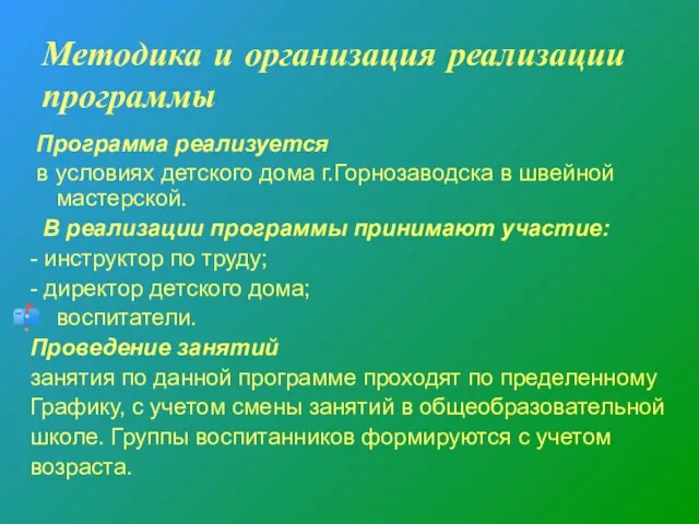 Методика и организация реализации программы Программа реализуется в условиях детского дома г.Горнозаводска