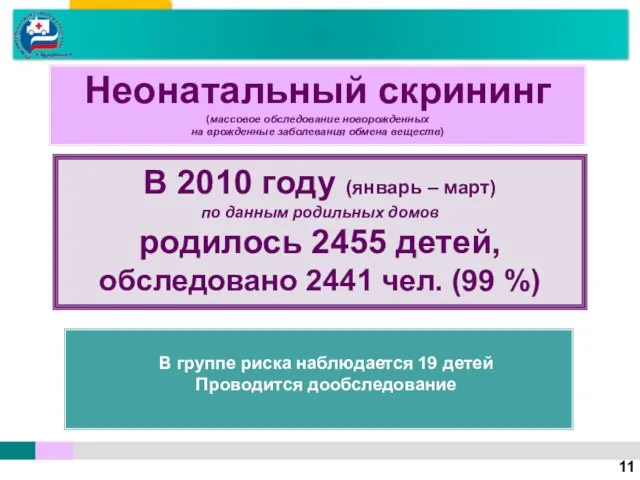 Неонатальный скрининг (массовое обследование новорожденных на врожденные заболевания обмена веществ) В 2010