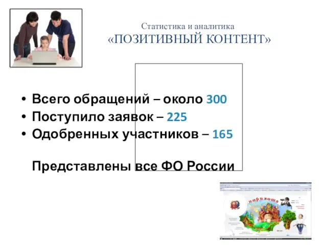 Статистика и аналитика «ПОЗИТИВНЫЙ КОНТЕНТ» Всего обращений – около 300 Поступило заявок