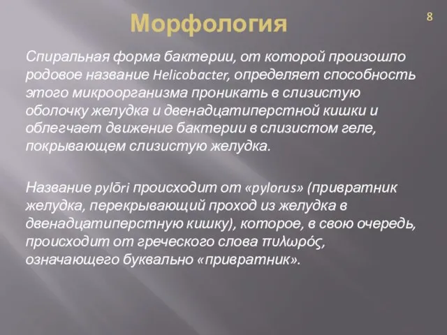 Спиральная форма бактерии, от которой произошло родовое название Helicobacter, определяет способность этого