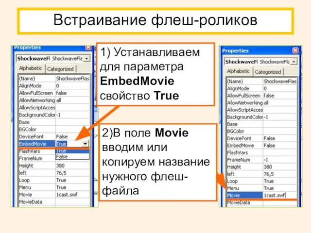 Встраивание флеш-роликов 1) Устанавливаем для параметра EmbedMovie свойство True 2)В поле Movie