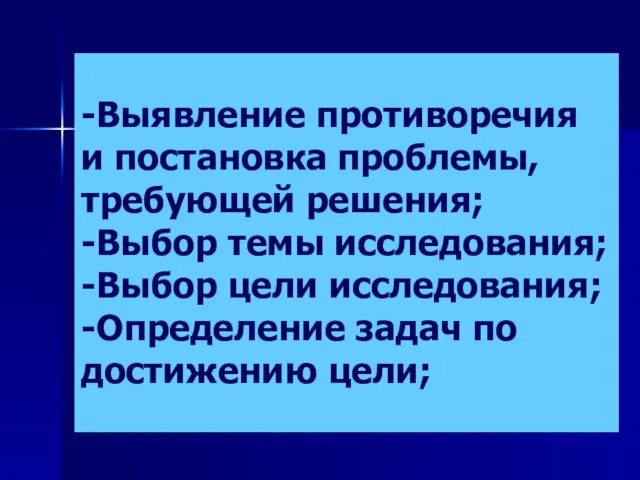 -Выявление противоречия и постановка проблемы, требующей решения; -Выбор темы исследования; -Выбор цели