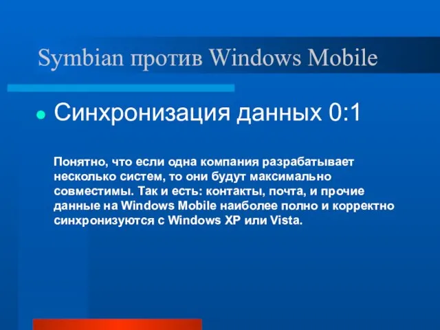 Symbian против Windows Mobile Синхронизация данных 0:1 Понятно, что если одна компания