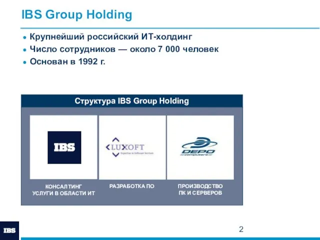 IBS Group Holding Крупнейший российский ИТ-холдинг Число сотрудников — около 7 000