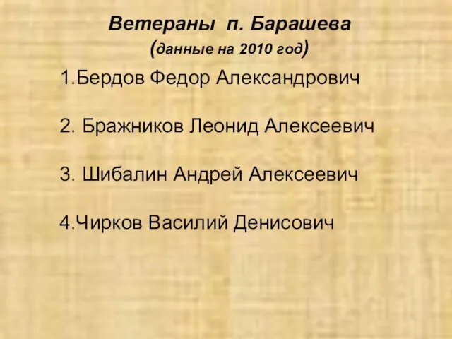 Ветераны п. Барашева (данные на 2010 год) 1.Бердов Федор Александрович 2. Бражников