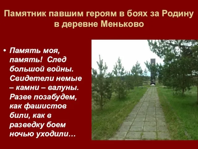 Памятник павшим героям в боях за Родину в деревне Меньково Память моя,