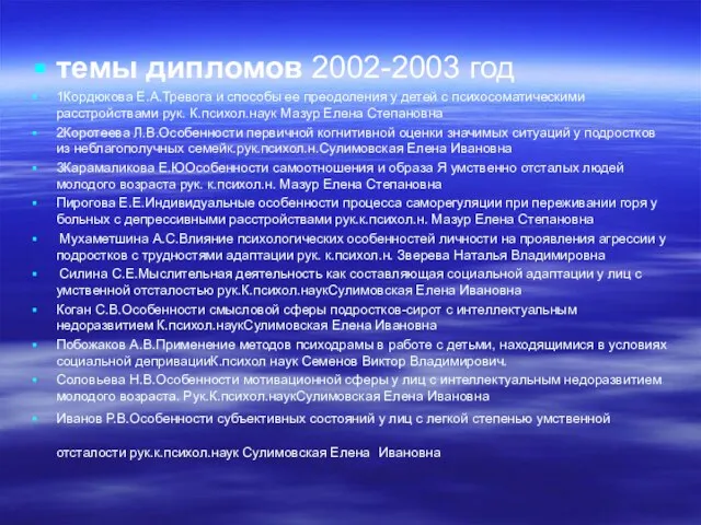 темы дипломов 2002-2003 год 1Кордюкова Е.А.Тревога и способы ее преодоления у детей