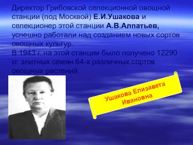 Директор Грибовской селекционной овощной станции (под Москвой) Е.И.Ушакова и селекционер этой станции