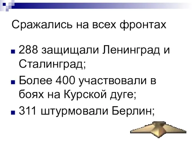 Сражались на всех фронтах 288 защищали Ленинград и Сталинград; Более 400 участвовали