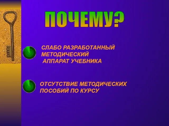 СЛАБО РАЗРАБОТАННЫЙ МЕТОДИЧЕСКИЙ АППАРАТ УЧЕБНИКА ОТСУТСТВИЕ МЕТОДИЧЕСКИХ ПОСОБИЙ ПО КУРСУ ПОЧЕМУ?