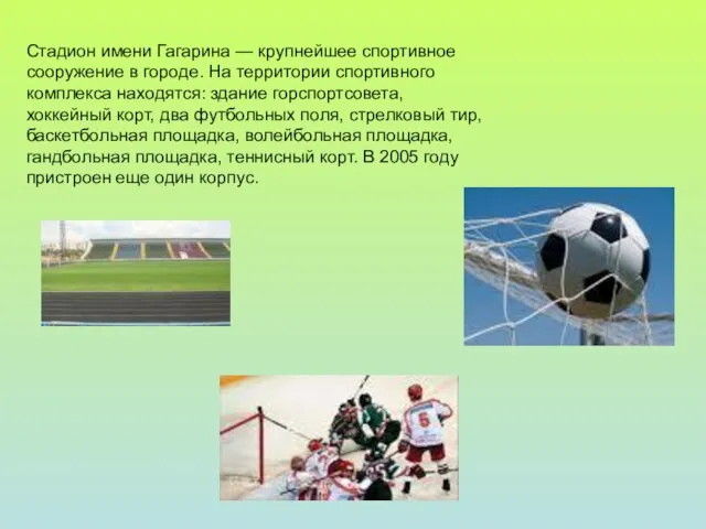 Стадион имени Гагарина — крупнейшее спортивное сооружение в городе. На территории спортивного