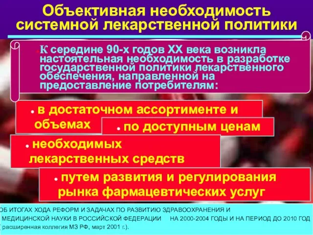 Объективная необходимость системной лекарственной политики в достаточном ассортименте и объемах по доступным