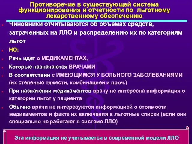 Противоречие в существующей система функционирования и отчетности по льготному лекарственному обеспечению Чиновники