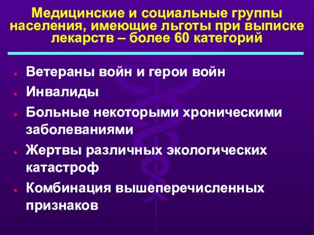 Медицинские и социальные группы населения, имеющие льготы при выписке лекарств – более