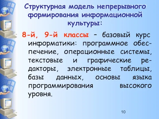 Структурная модель непрерывного формирования информационной культуры: 8-й, 9-й классы – базовый курс