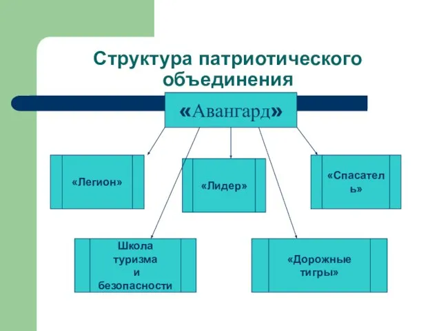 «Авангард» «Легион» Школа туризма и безопасности «Лидер» «Дорожные тигры» «Спасатель» Структура патриотического объединения