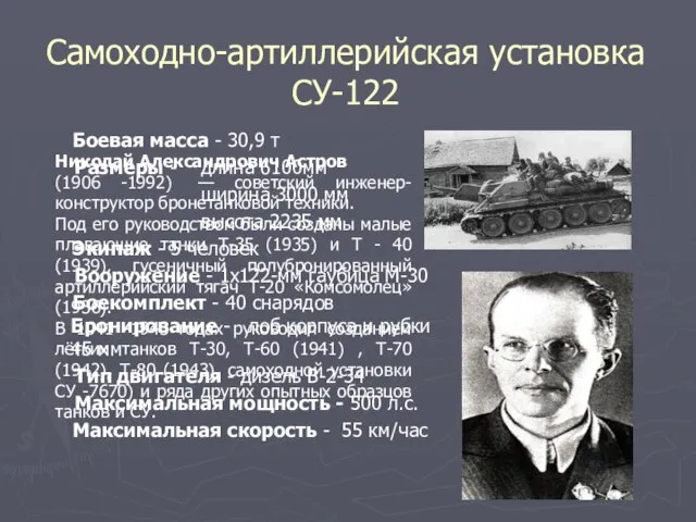 Самоходно-артиллерийская установка СУ-122 Боевая масса - 30,9 т Размеры - длина 6100мм