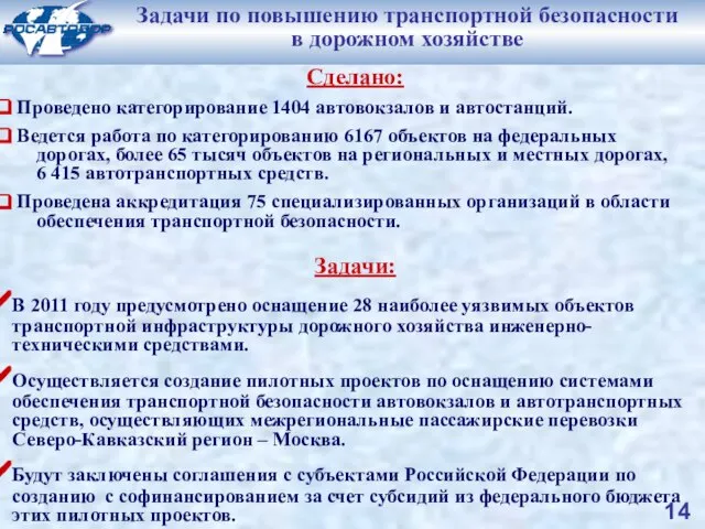 Задачи по повышению транспортной безопасности в дорожном хозяйстве Сделано: Проведено категорирование 1404