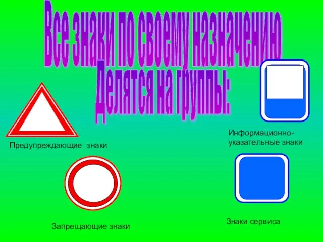 Все знаки по своему назначению Делятся на группы: Предупреждающие знаки Запрещающие знаки Информационно-указательные знаки Знаки сервиса