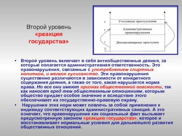 Второй уровень «реакция государства» Второй уровень включает в себя антиобщественные деяния, за