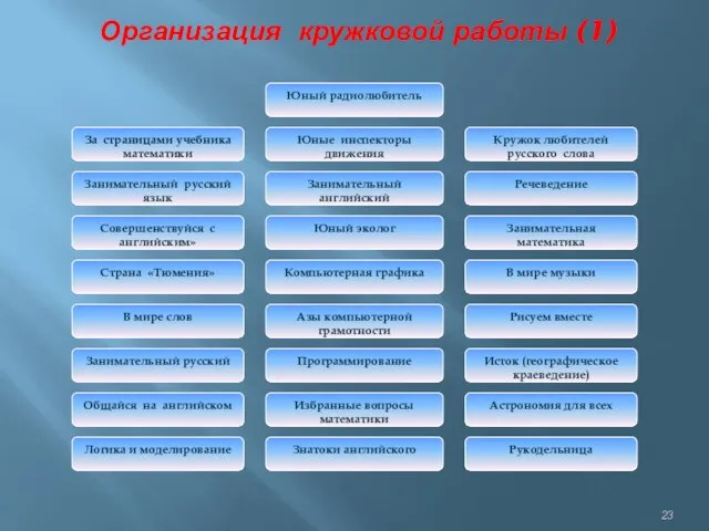 Организация кружковой работы (1) Занимательный русский язык Совершенствуйся с английским» Страна «Тюмения»