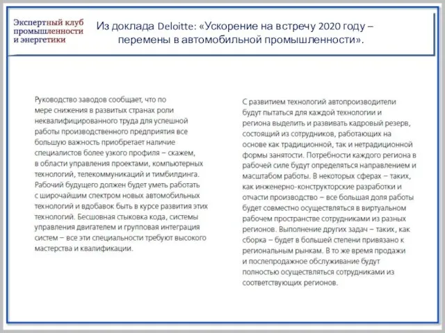 Из доклада Deloitte: «Ускорение на встречу 2020 году – перемены в автомобильной промышленности».