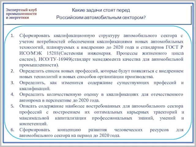 Какие задачи стоят перед Российским автомобильным сектором? Сформировать квалификационную структуру автомобильного сектора