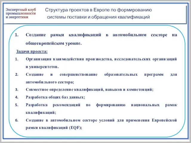 Структура проектов в Европе по формированию системы поставки и обращения квалификаций Создание