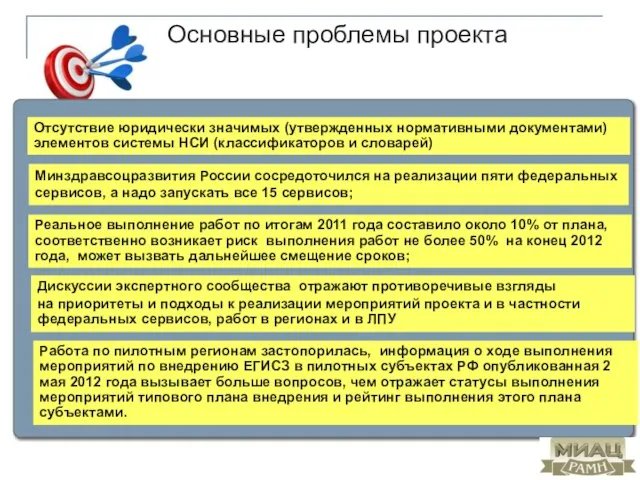 Основные проблемы проекта Минздравсоцразвития России сосредоточился на реализации пяти федеральных сервисов, а