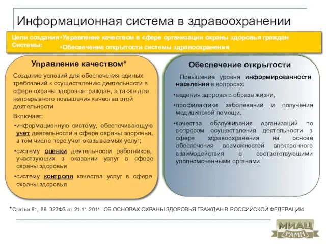 Информационная система в здравоохранении Повышение уровня информированности населения в вопросах: ведения здорового