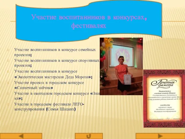 Участие воспитанников в конкурсе семейных проектов; Участие воспитанников в конкурсе спортивных проектов;