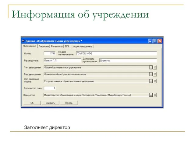 Информация об учреждении Заполняет директор