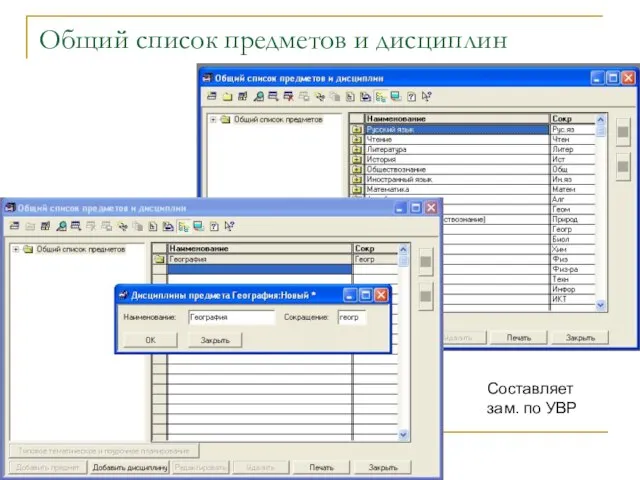 Общий список предметов и дисциплин Составляет зам. по УВР