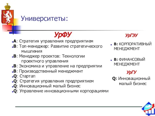 Университеты: УрФУ А: Стратегия управления предприятием В: Топ-менеджер: Развитие стратегического мышления В: