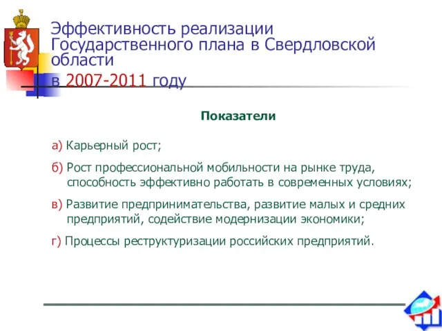 Эффективность реализации Государственного плана в Свердловской области в 2007-2011 году Показатели а)
