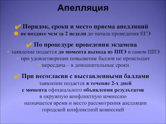 Порядок, сроки и место приема апелляций не позднее чем за 2 недели