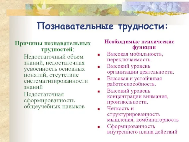 Познавательные трудности: Причины познавательных трудностей: Недостаточный объем знаний, недостаточная усвоенность основных понятий,