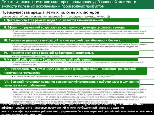 Пилотные технологические кластеры – повышение добавленной стоимости экспорта полезных ископаемых и производных