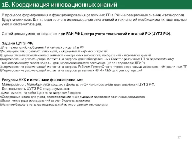 1Б. Координация инновационных знаний В процессе формирования и функционирования различных ТП в