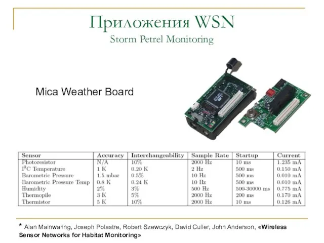 Приложения WSN Storm Petrel Monitoring * Alan Mainwaring, Joseph Polastre, Robert Szewczyk,