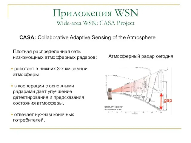 Приложения WSN Wide-area WSN: CASA Project CASA: Collaborative Adaptive Sensing of the