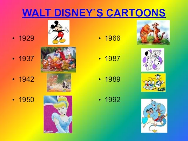 WALT DISNEY`S CARTOONS 1929 1937 1942 1950 1966 1987 1989 1992