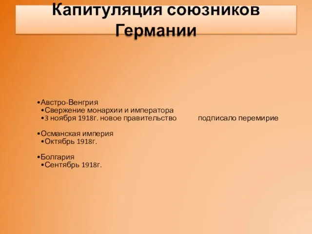 Капитуляция союзников Германии Австро-Венгрия Свержение монархии и императора 3 ноября 1918г. новое