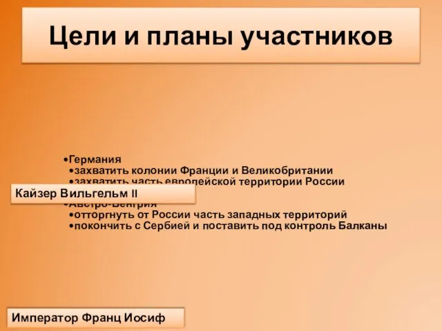 Цели и планы участников Германия захватить колонии Франции и Великобритании захватить часть