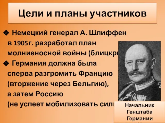 Цели и планы участников Немецкий генерал А. Шлиффен в 1905г. разработал план