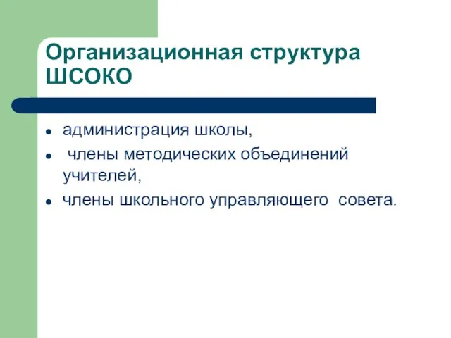 Организационная структура ШСОКО администрация школы, члены методических объединений учителей, члены школьного управляющего совета.